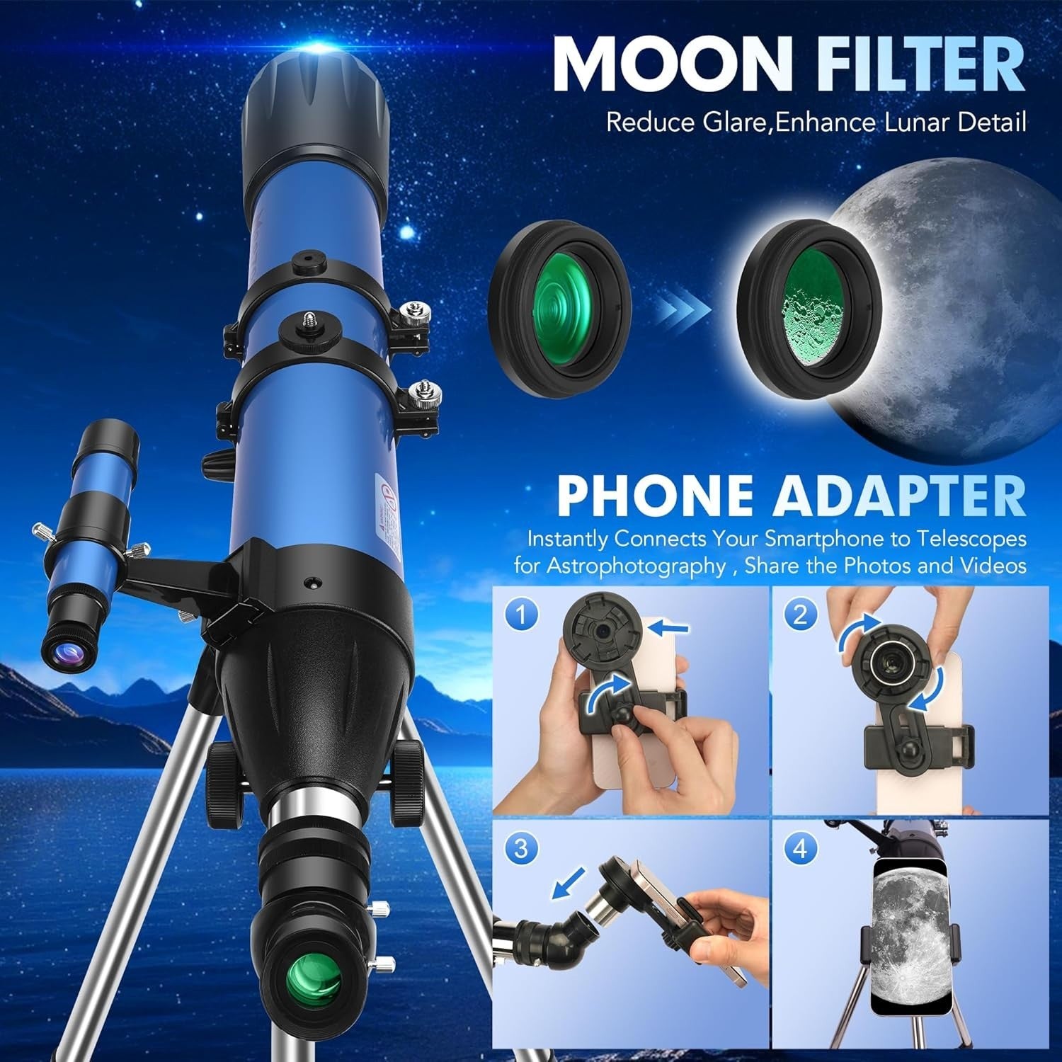 90mm Aperture 800mm Refractor Telescope for Adults & Kids with Tripod