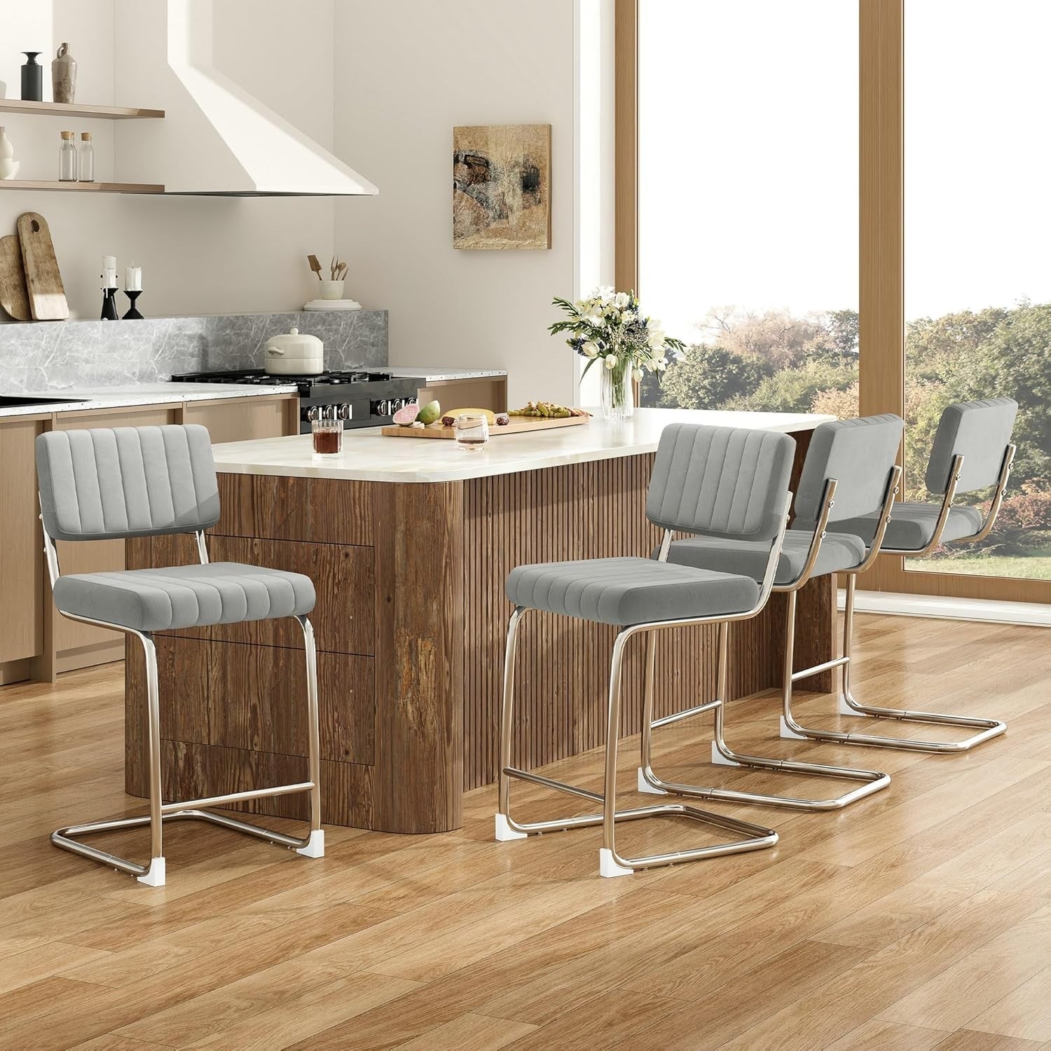 Modern Bar Stools 2pcs Grey Faux Leather 27in Counter Kitchen Chairs