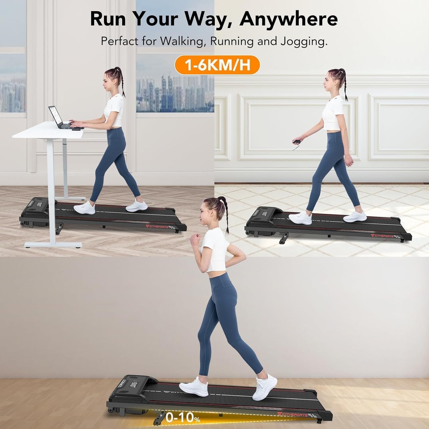 Under Desk Treadmill 10% Incline Walking Pad 1-6KM/H Remote LED Display