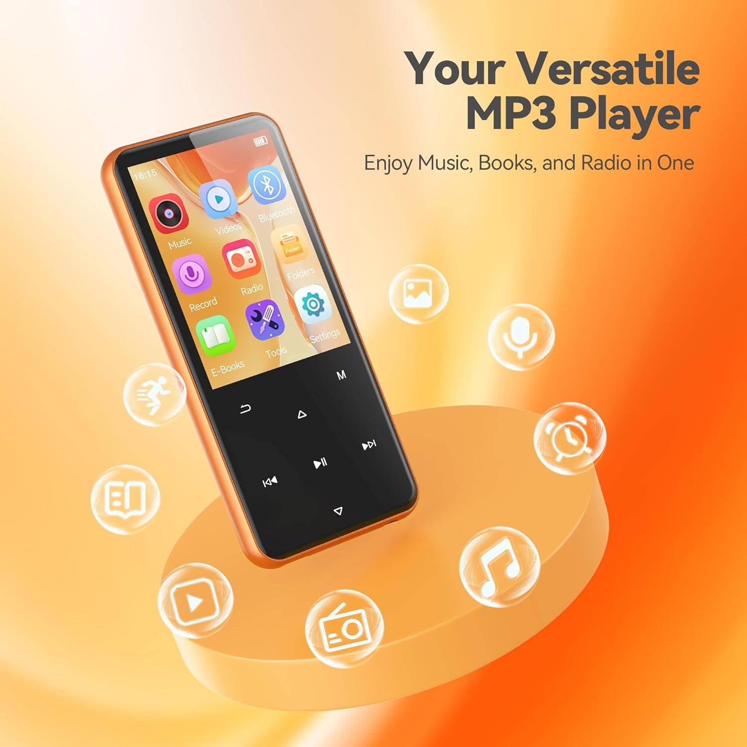 64GB Bluetooth 5.3 MP3 Player 2.4" Screen FM Radio Speaker Orange