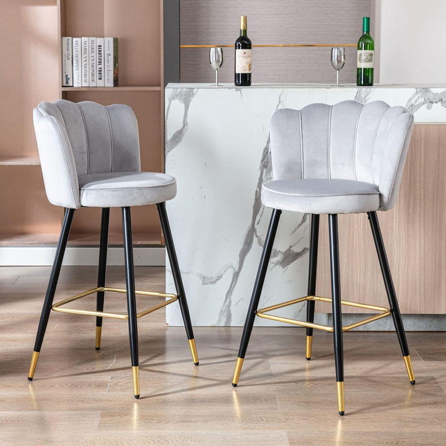 Gray Velvet Bar Stools Set of 2 – Kitchen Counter Chairs