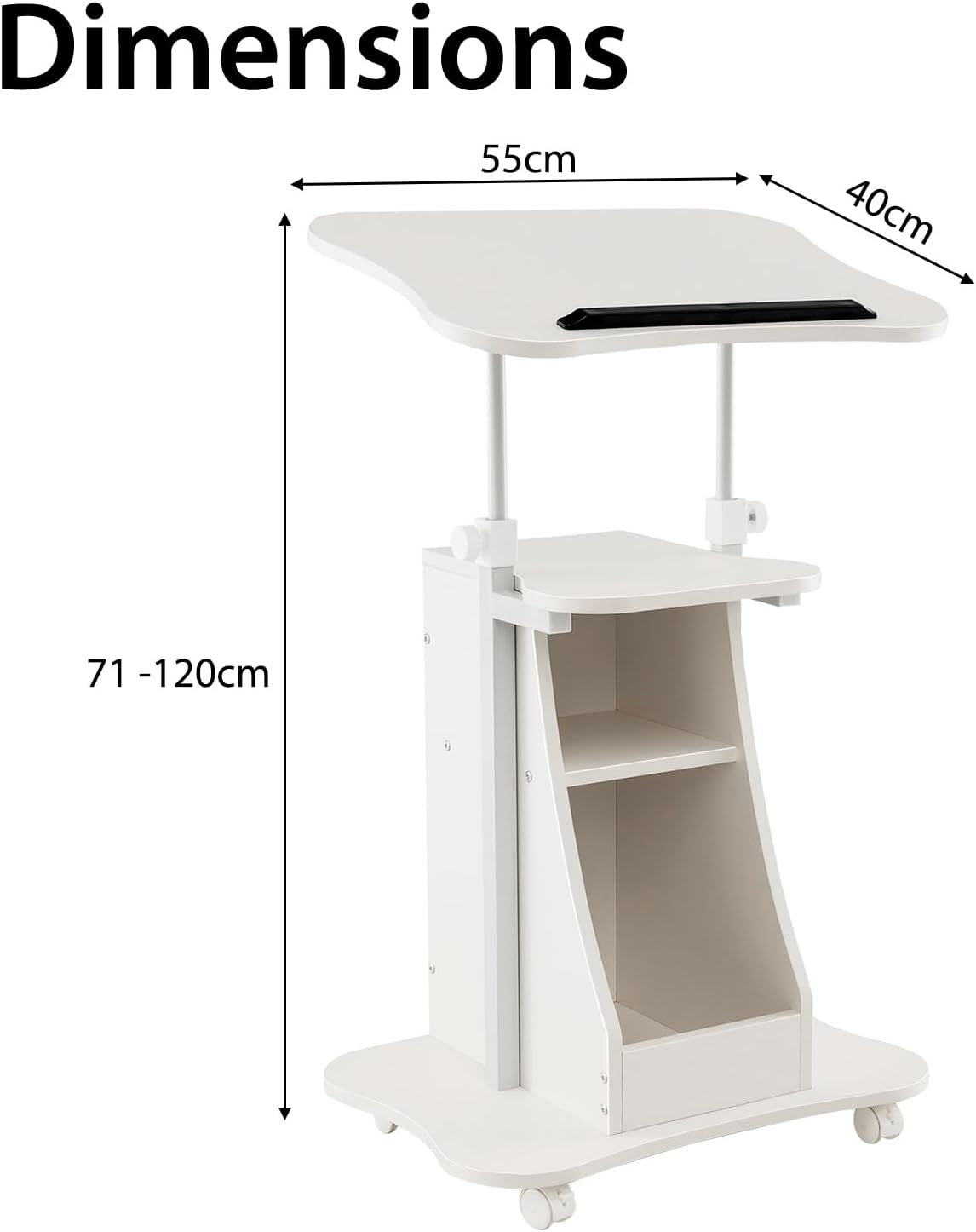 Height Adjustable Overbed Laptop Table on Wheels Storage Cabinet White