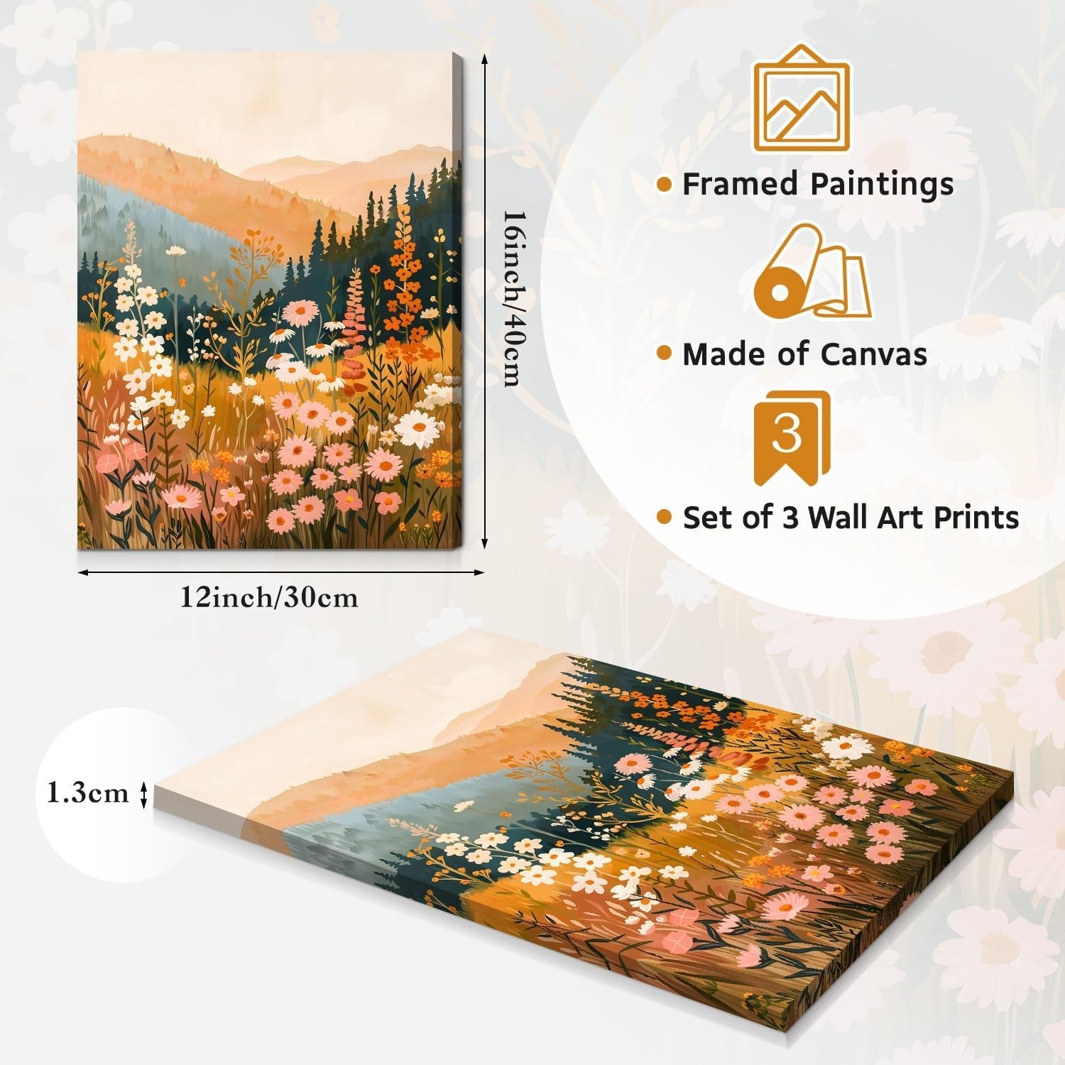 3‑Piece Boho Mountain & Wildflower Framed Wall Art 12×16″ Prints