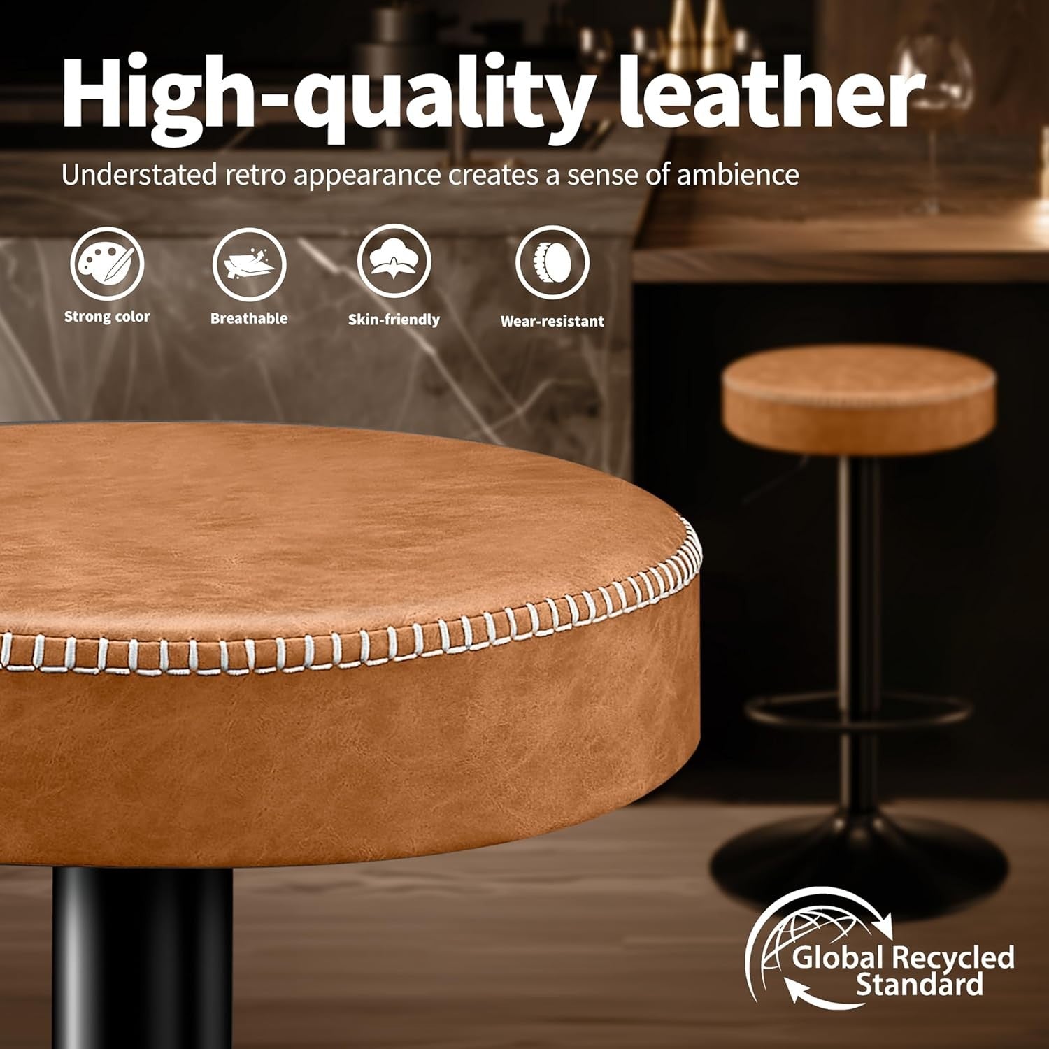 2PCS Brown Adjustable Swivel Bar Stools 36cm Round Kitchen Chairs