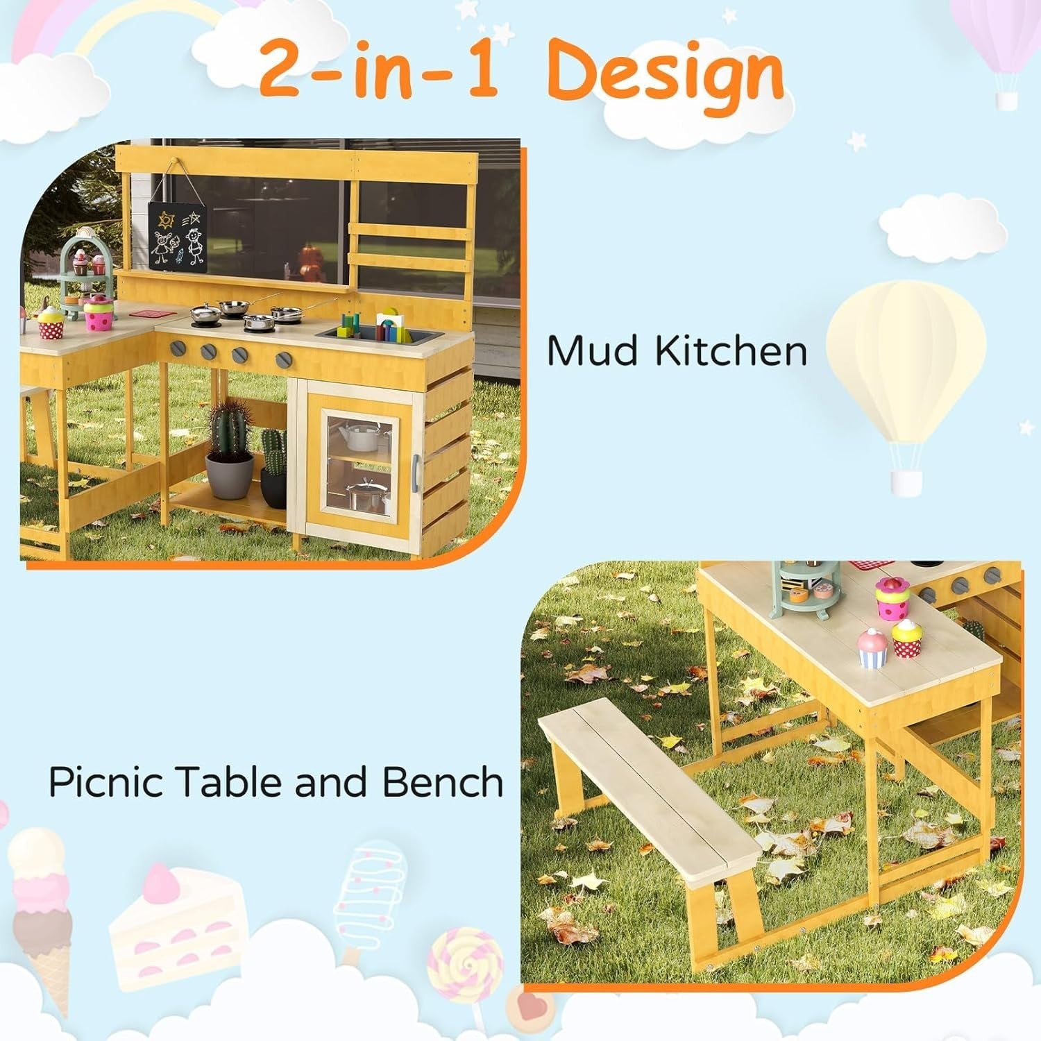 Outdoor Mud Kitchen Kids Wooden Playset w/ Picnic Table Blackboard