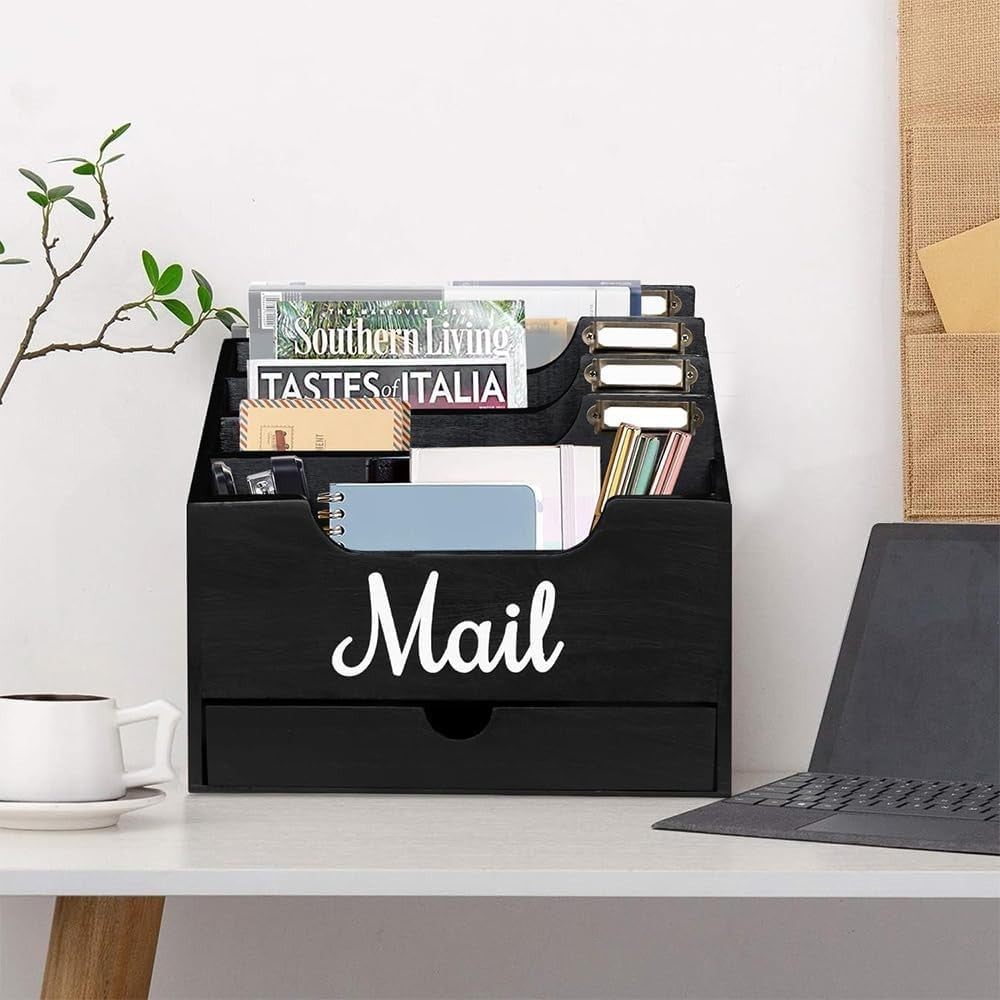 Black Wood Desktop Mail Organizer with 4 Compartments & Drawer