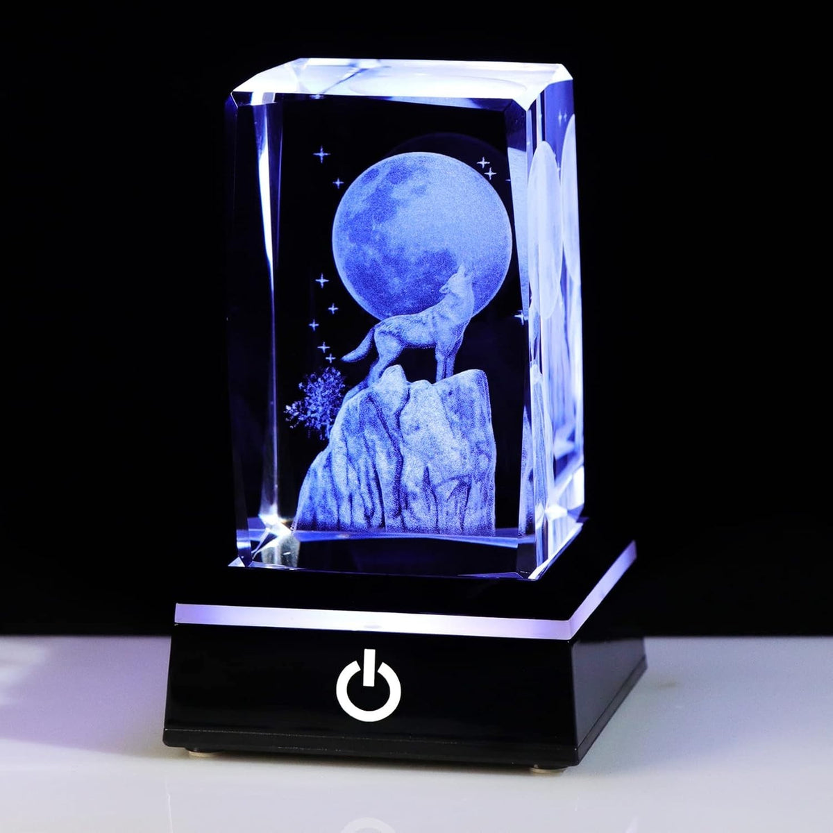 3D Crystal Wolf Ornament with LED Base • Howling Moon Glass Gift for Men & Women