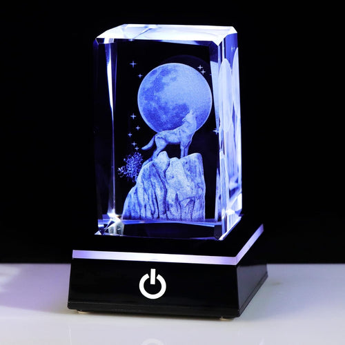 3D Crystal Wolf Ornament with LED Base • Howling Moon Glass Gift for Men & Women