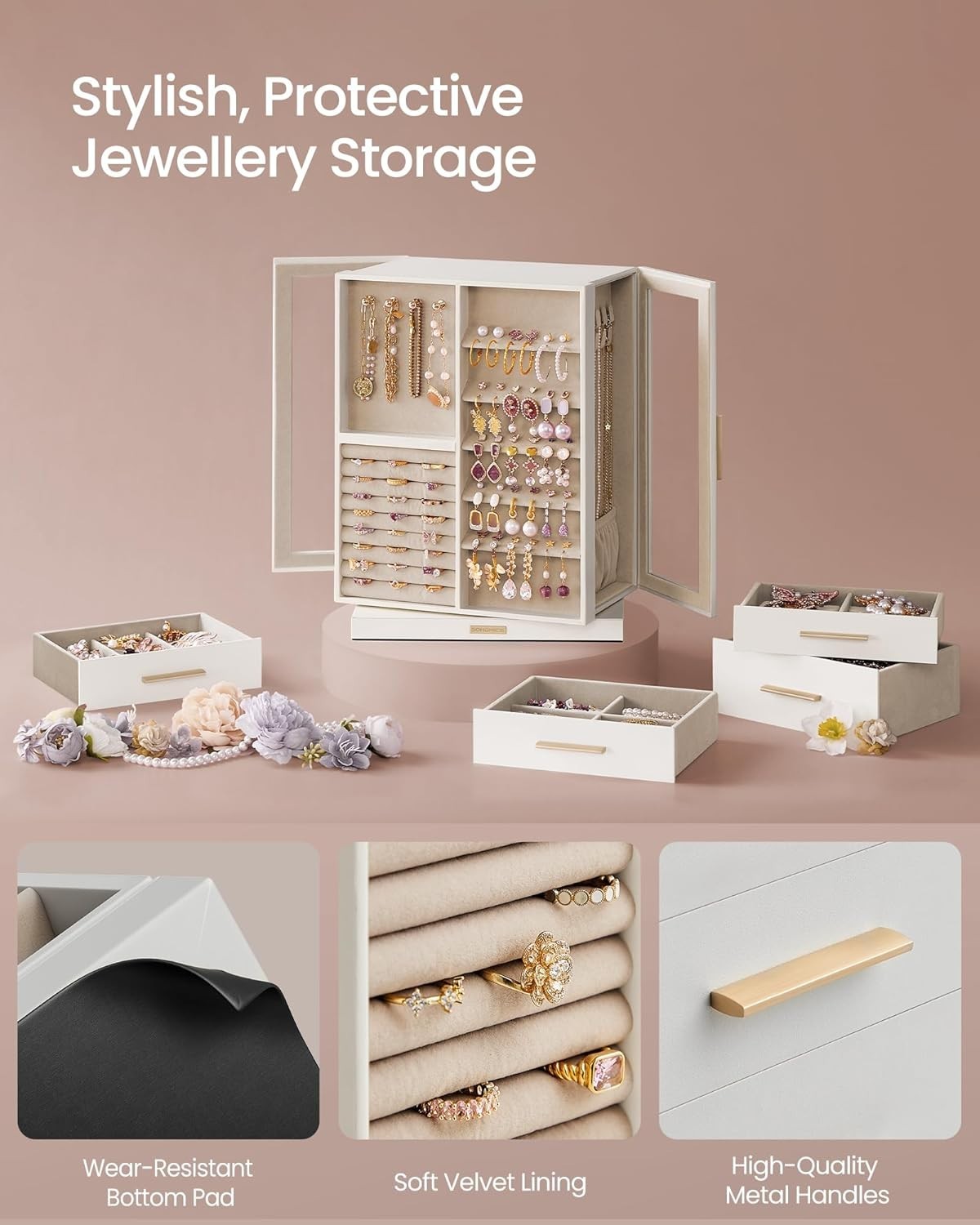Cloud White 360° Rotating Jewellery Box Vertical Organizer 7 Drawers