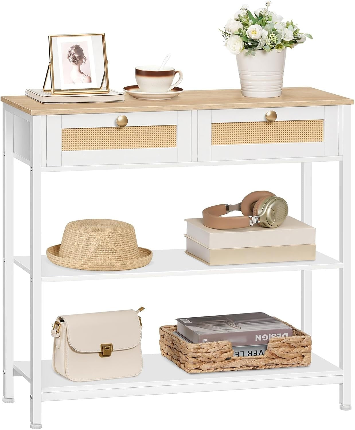 White Rattan Console Table with Drawers & Shelves, Slim 80cm Hallway Unit
