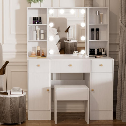 Modern White Vanity Makeup Desk Mirror 3 Drawer Storage Set Dressing Table