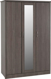 Black Wood Grain 3 Door Wardrobe with Mirror & Hinged Doors - Bedroom Storage