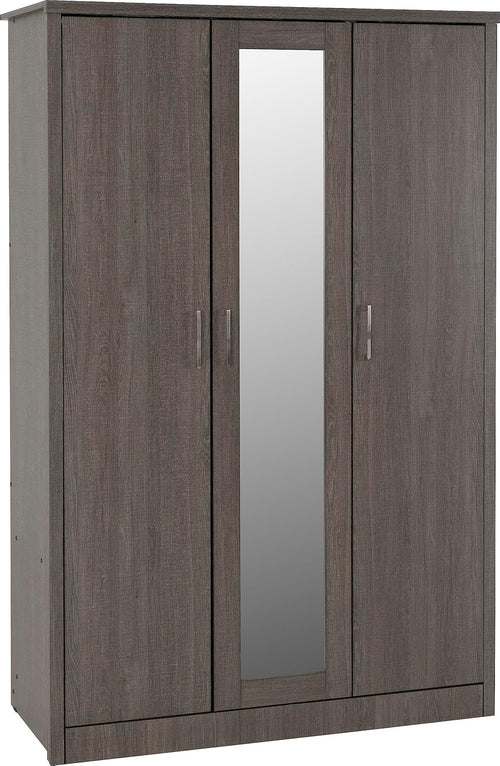 Black Wood Grain 3 Door Wardrobe with Mirror & Hinged Doors - Bedroom Storage