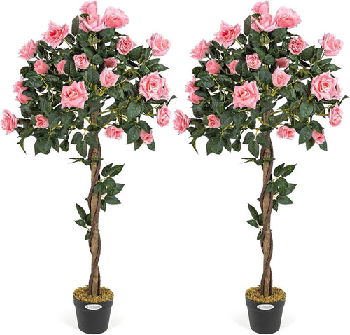 4ft Artificial Pink Rose Trees 2-Pack Twisted Trunk Potted Indoor Outdoor Decor