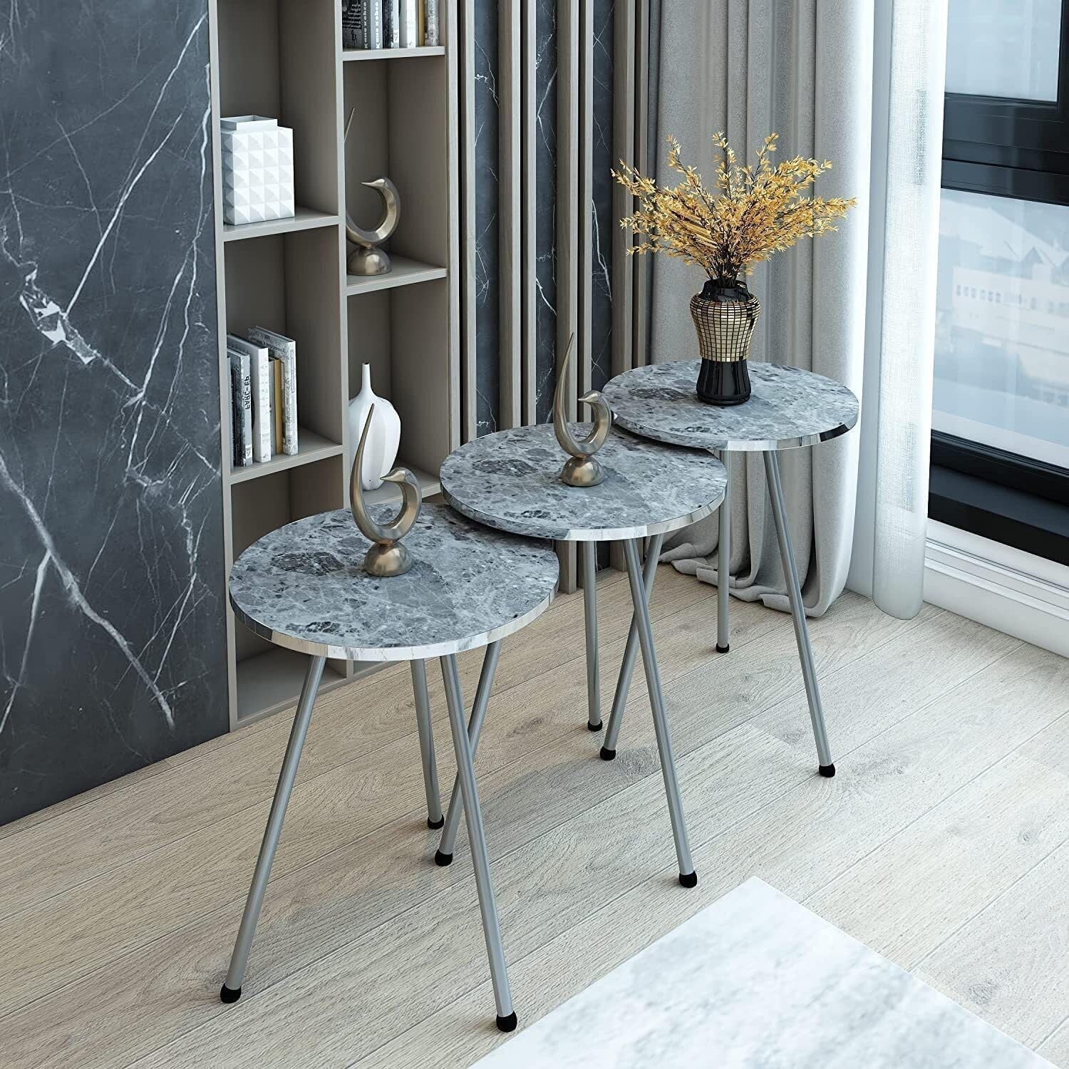 Space Saving Nesting End Tables Set of 3 for Living Room Bedroom Office Wood Gre
