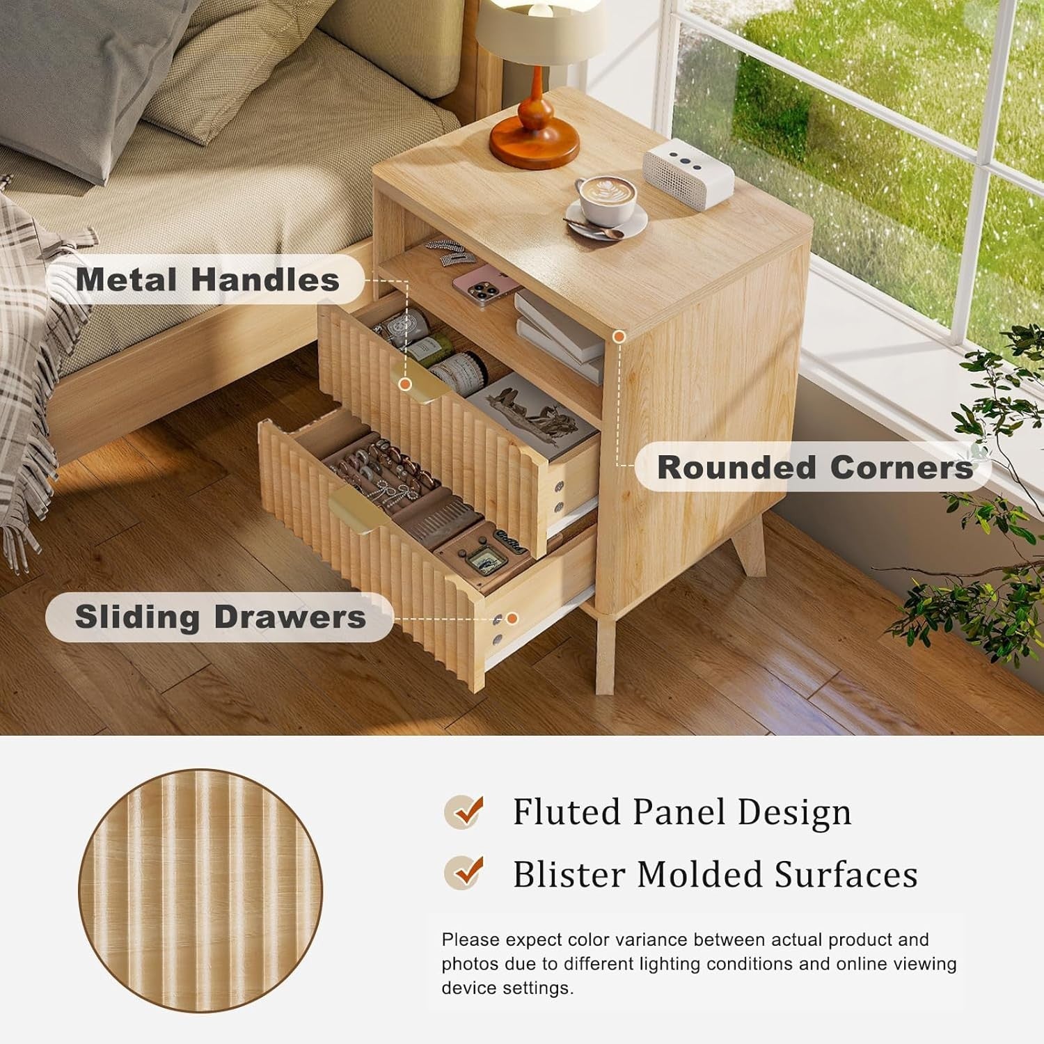 Natural Wood Bedside Table with 2 Drawers & Open Shelf