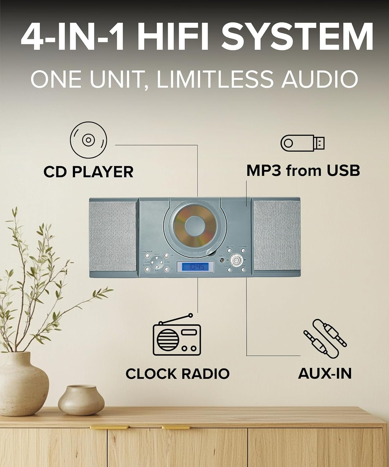 Wall Mount CD Player Stereo System USB MP3 FM Radio Alarm Remote Control Grey