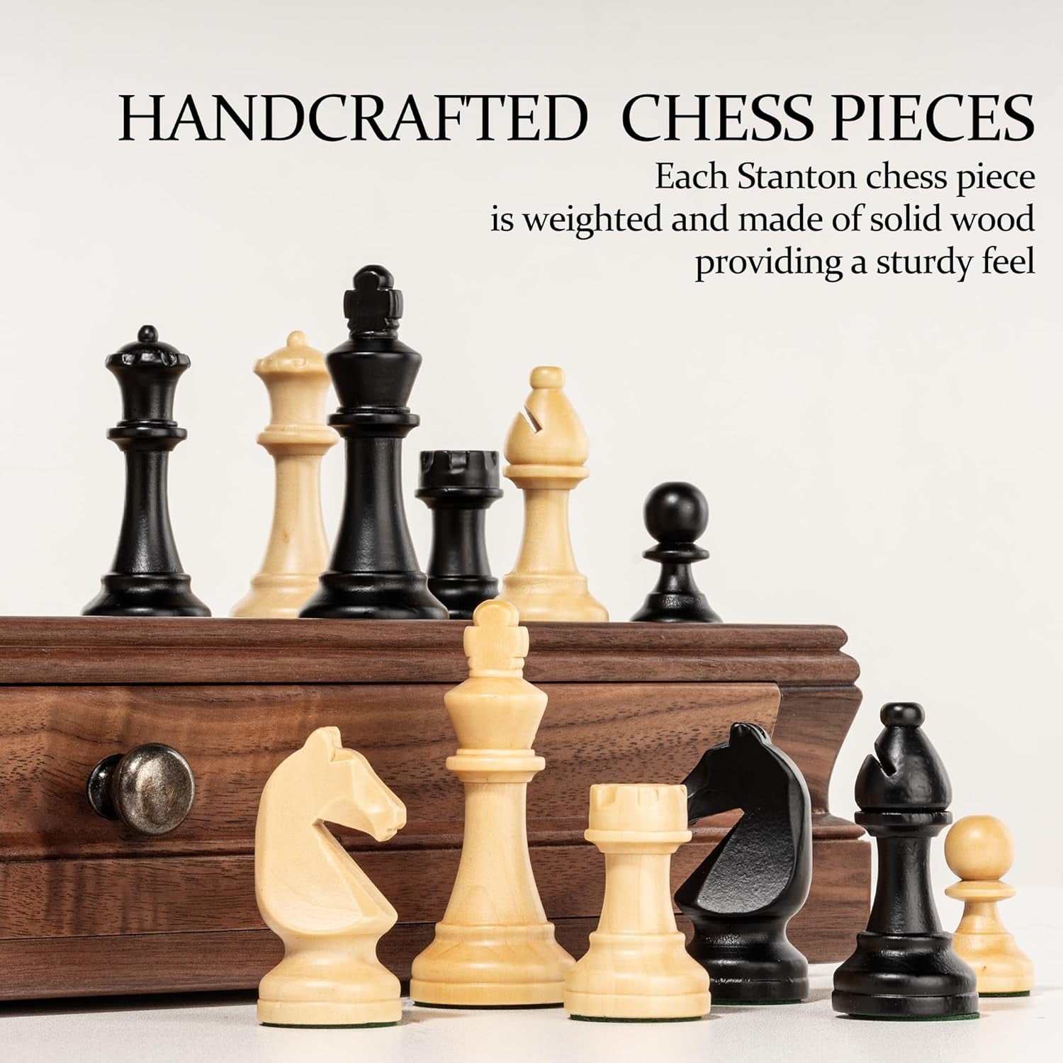 15" Walnut Wooden Chess Set w/ Storage Drawer & 3" Weighted Pieces