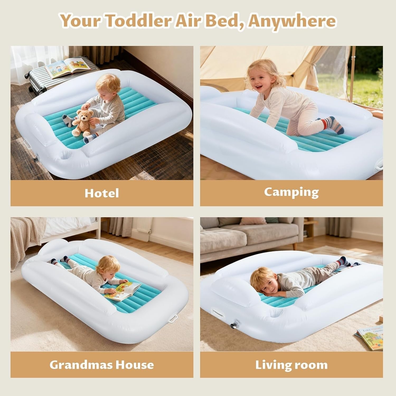 Inflatable Toddler Travel Bed 63” Kids Air Mattress with Bumpers