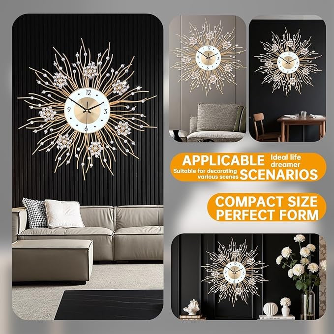 Large Sunflower Wall Clock 50cm Silent Modern Luxury Metal Crystal Home Decor