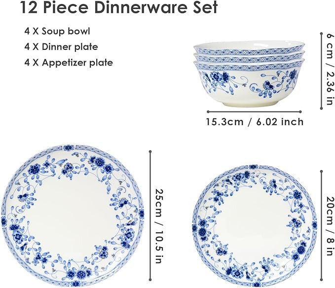 12pc Bone China Dinnerware Set Blue White Plates Bowls Service for 4