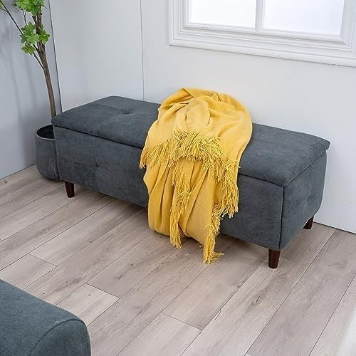 Grey Linen Storage Ottoman Bench with Seat & Lift-Up Lid 115x45x45
