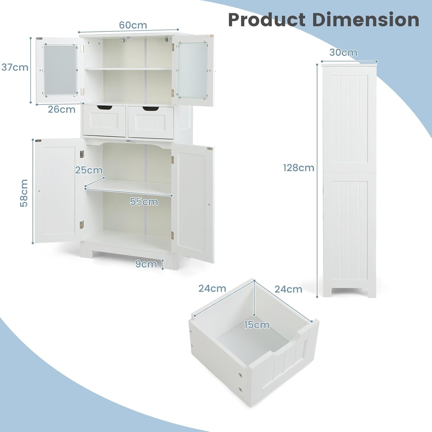 White Freestanding Storage Cabinet with Glass Doors & Drawers Shelves
