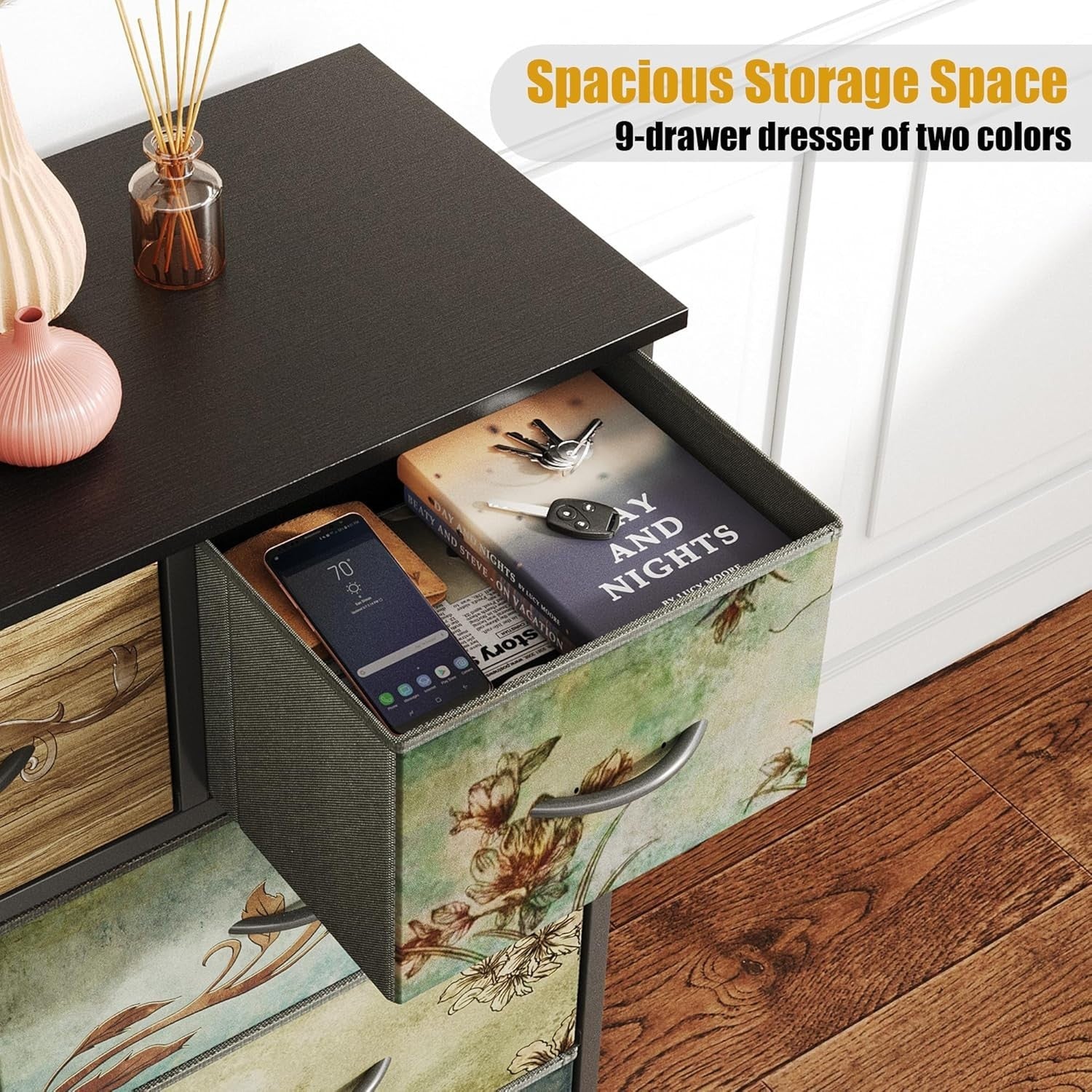 9 Drawer Tall Chest Fabric Dresser Storage Unit Floral Black Wood Top