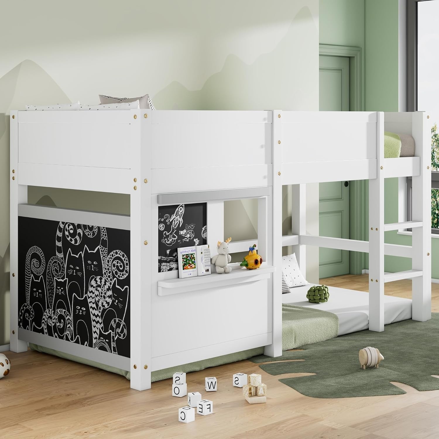 Space-Saving Kids Bunk Bed with Ladder, Blackboard & Shelf, White Pine Wood