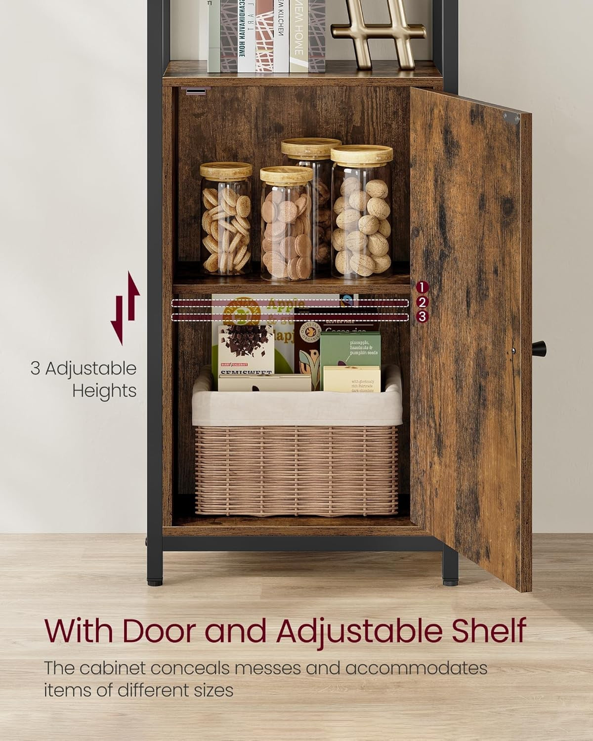 6-Tier Industrial Tall Bookcase with Cabinet, Metal Frame Adjustable Shelves