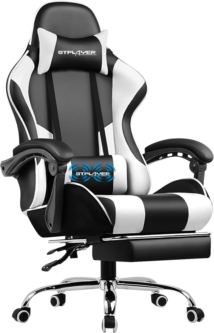 Gaming Chair White Faux Leather Recliner Footrest Massage Lumbar Support