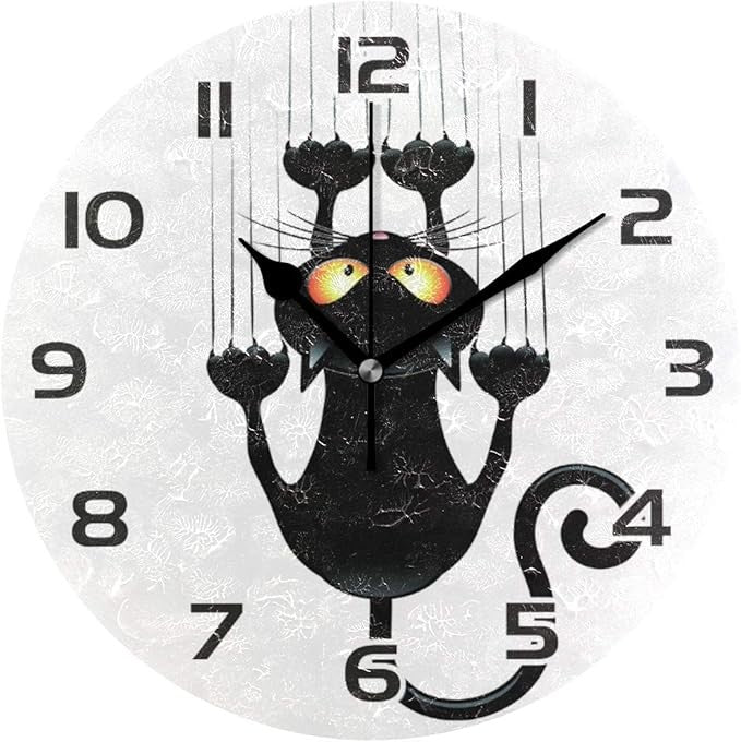 Vintage Cat Wall Clock 10” Silent Non-Ticking Round Modern Cartoon Home Decor