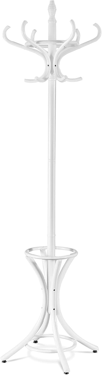 White Solid Wood Coat Rack with 12 Hooks & Umbrella Holder | Freestanding Hall