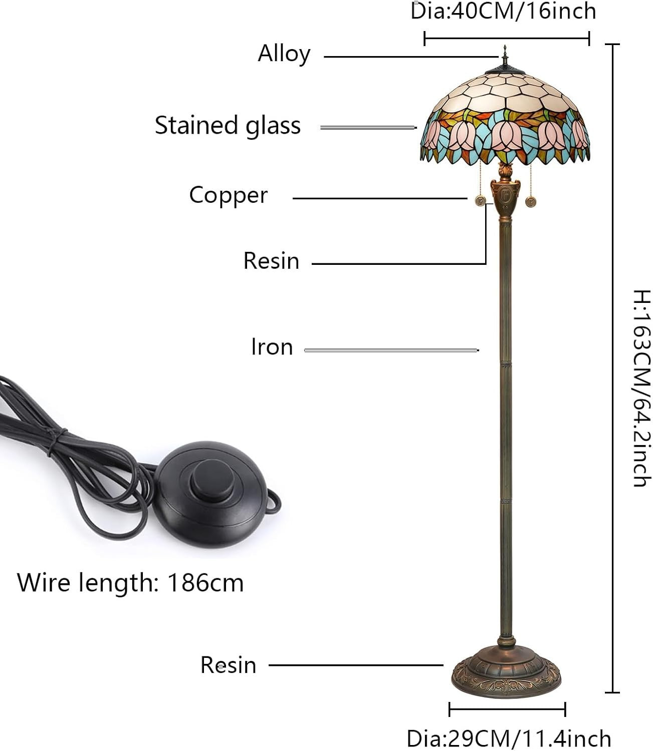 Pink Tulip Stained Glass Floor Lamp with Vintage Bronze Base & Foot Switch