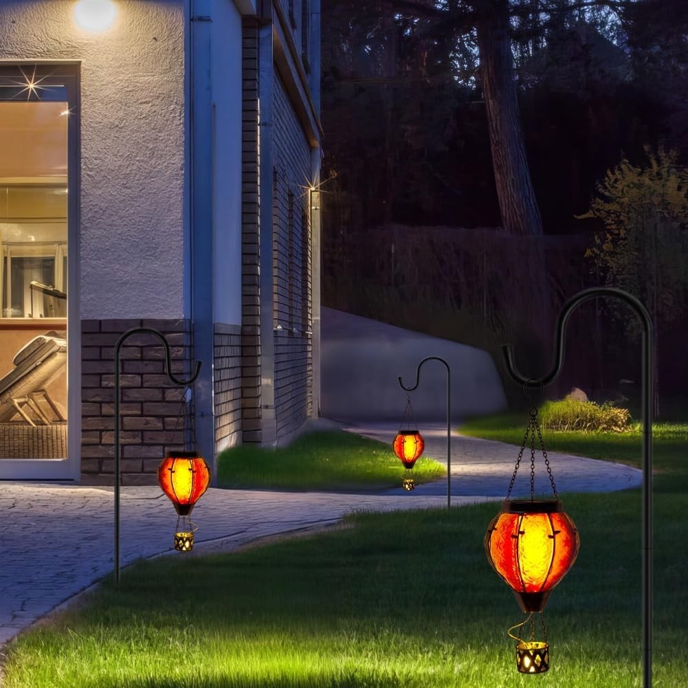 Hot Air Balloon Solar Lantern Flame LED Glass Garden Decor