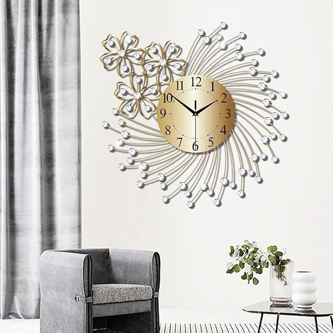 Large 50cm Gold Crystal Wall Clock Silent Modern Luxury Metal Round Home Decor