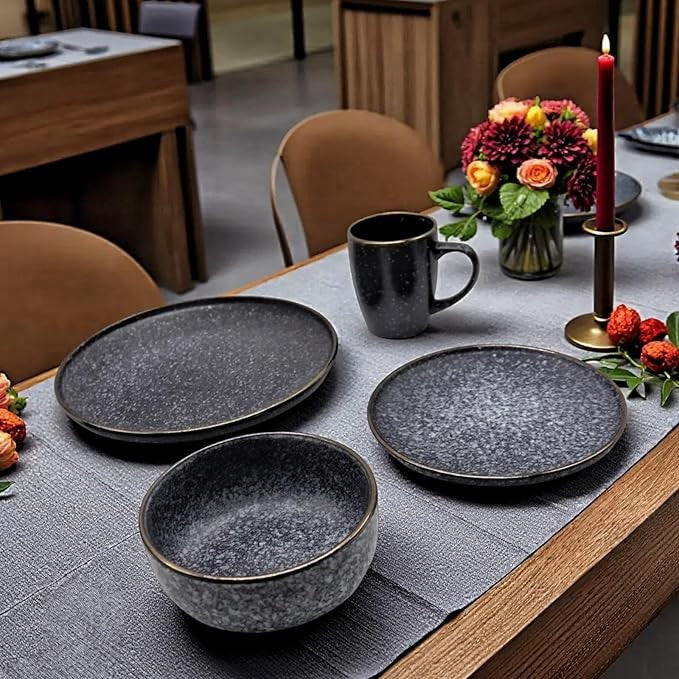 16 Piece Stoneware Dinner Set for 4 Plates Bowls Mugs Dark Blue