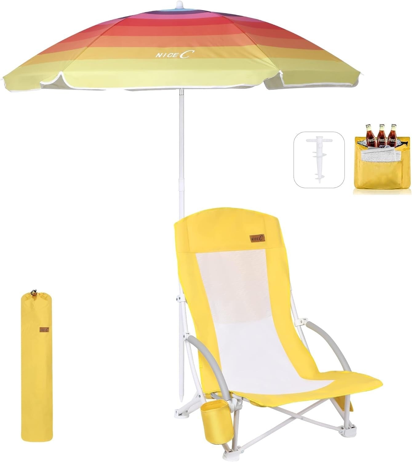 Beach Chair with UPF 50 Umbrella, Cooler Bag, Cup Holder, Folding Seat
