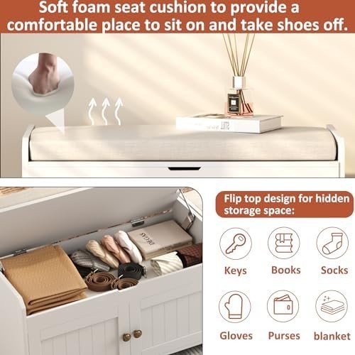 White Shoe Storage Bench with Cushion Seat 2-Door Cabinet Entryway 76x39x46cm