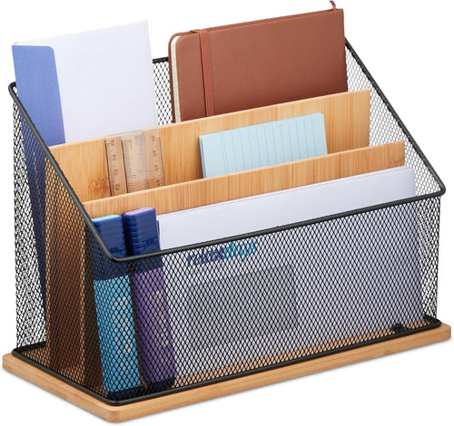3-Tier Desk Document Organizer | Bamboo & Metal Letter Tray, Vertical Stand