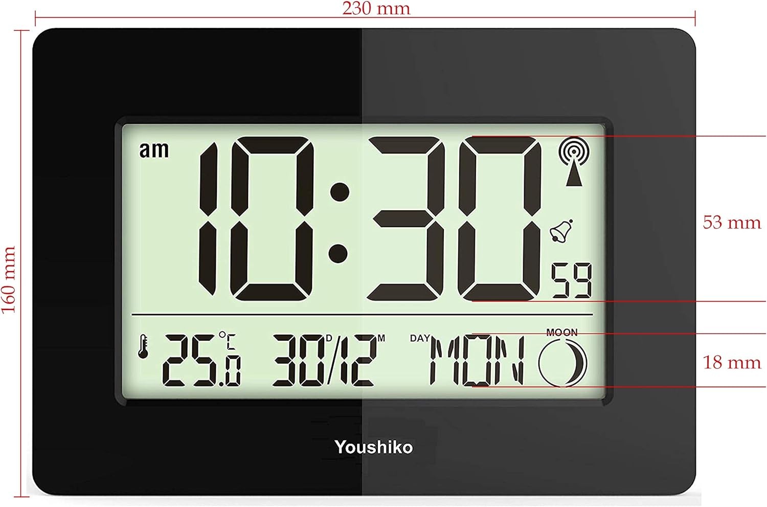 Large LCD Radio-Controlled Wall Clock Black Silent Auto-Set Temp Day Date