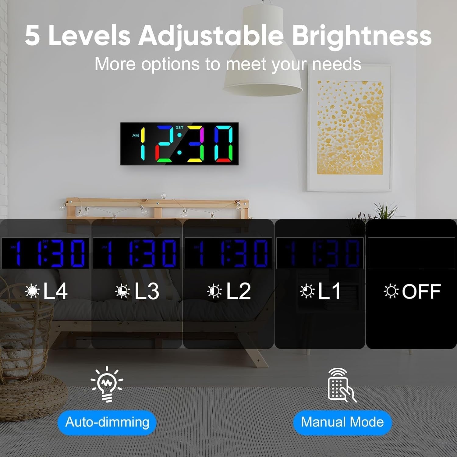 Large Digital Wall Clock LED Display 12/24H Big Numbers Night Light Remote