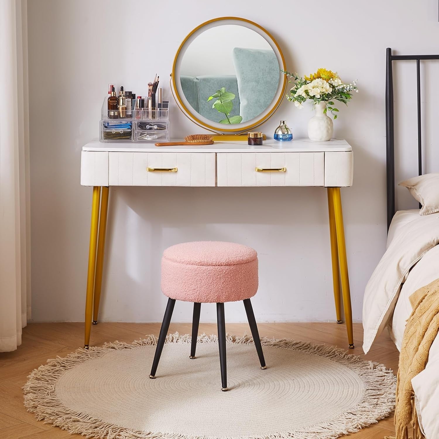 Pink Round Teddy Fur Vanity Stool with Storage – Soft Ottoman Seat