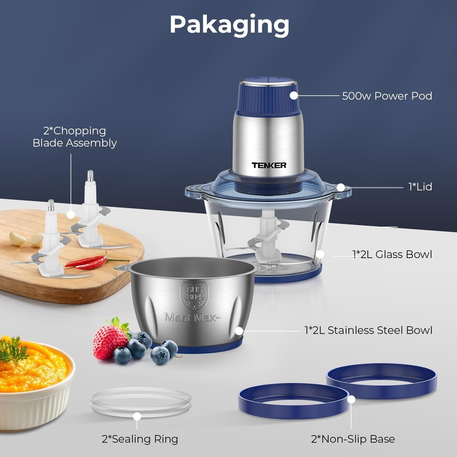 Electric Food Processor 2L+2L 400W Chopper Meat Veg Baby Safe BPA Free