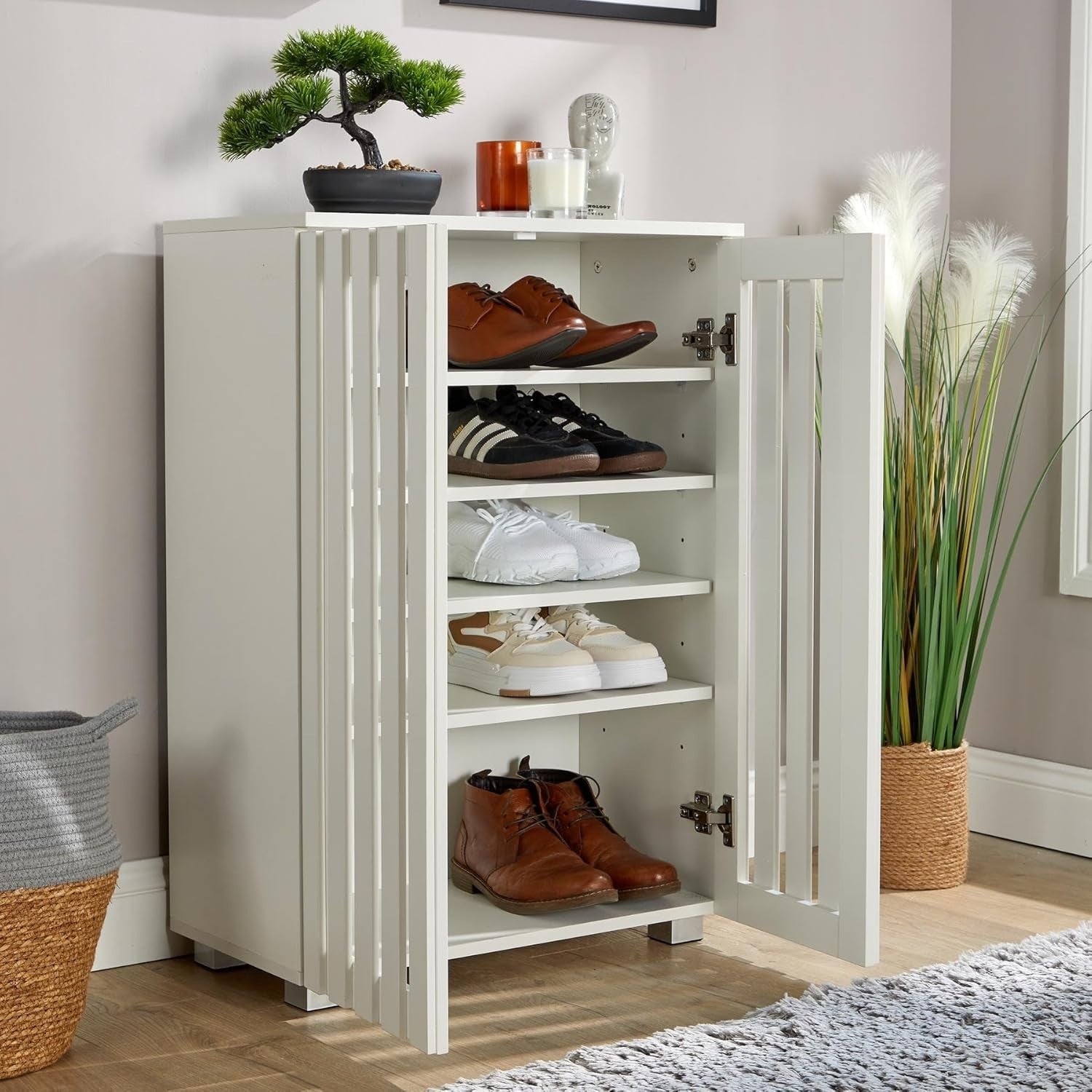 Space-Saving 2 Door White Shoe Storage Cabinet with 4 Shelves | Durable