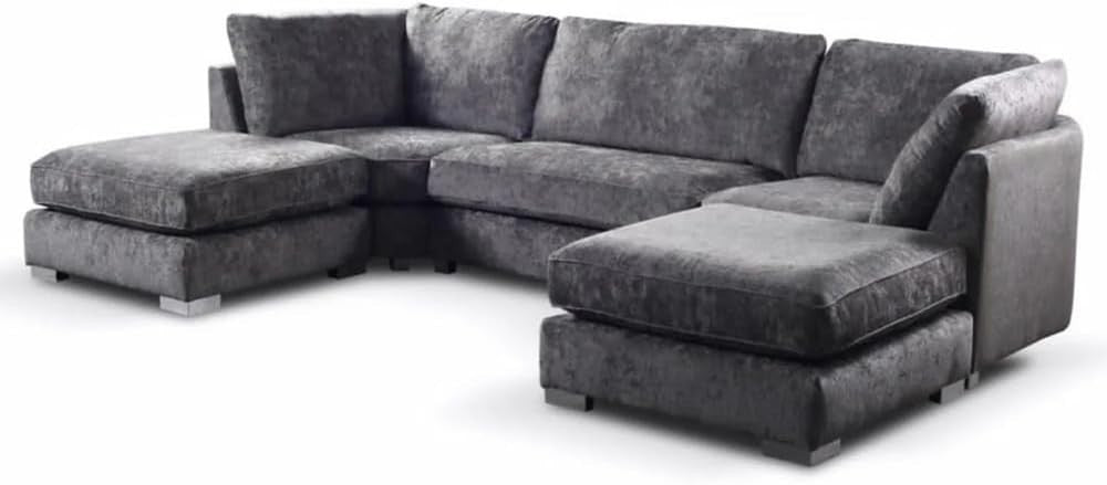 Grey U Shape Sectional Sofa 5 Seater with 2 Footstools – High Back Comfy Couch