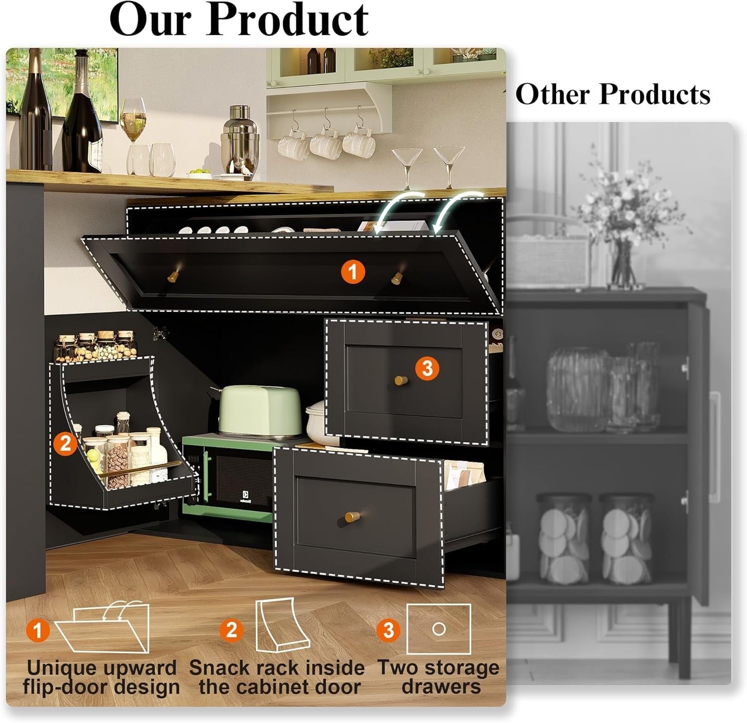 360° Rotating Kitchen Island Bar Table w/ Drawers & Storage – 204cm Black