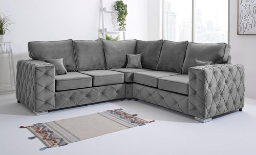 Plush Velvet Corner Sofa L-Shape 5 Seater Foam Cushions & Chrome Legs