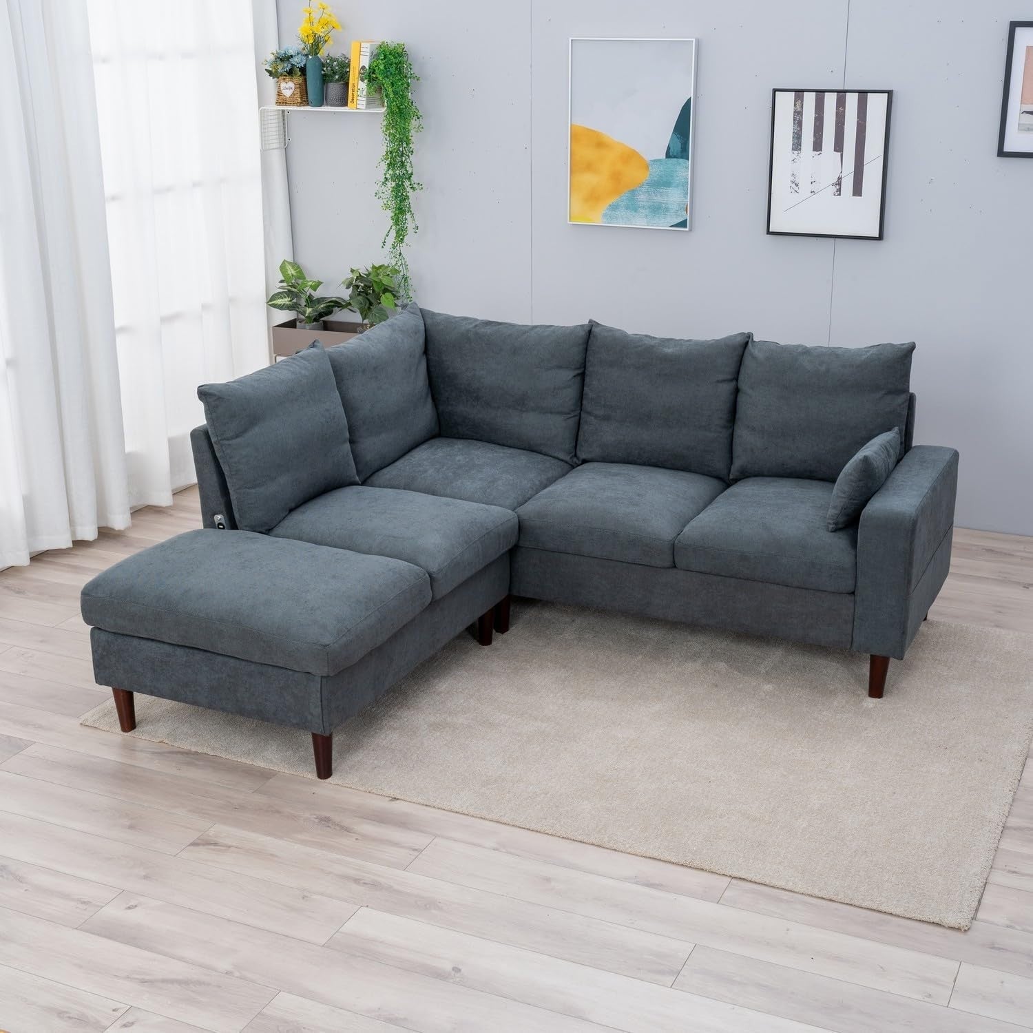 5 Seater Corner Sofa with Chaise Grey Fabric USB Modern L Shape Couch Set