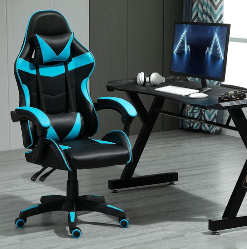 Reclining Gaming Chair Faux Leather w/ Lumbar Headrest Blue